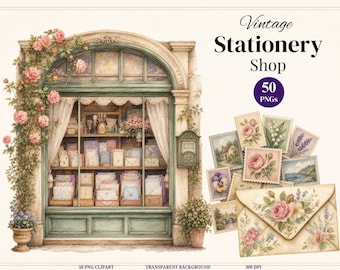Vintage Stationery Shop Clipart, 50 Romantic Watercolor PNG, Floral Letters, Envelopes, Wax Seals, Vintage Writing, Commercial Use PNG
