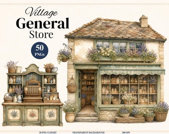 50 Vintage Storybook Village General Store Clipart Bundle, Watercolor Village Shop PNG, Rustic Mercantile, Cottagecore Shop Cliparrt