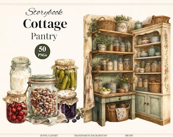 Vintage Cottage Pantry Clipart, 50 Watercolor Pantry PNG, Cottagecore Kitchen Clipart, Vintage Kitchen Jars & Food, Commercial Use PNG