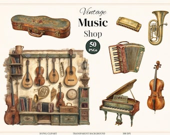 Vintage Music Shop Clipart, 50 Watercolor Musical Instruments PNG, Vintage Music Clipart, Piano, Violin & Sheet Music