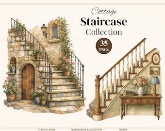 35 Vintage Cottage Staircase Clipart, Watercolor Victorian Architecture (Digital Download)