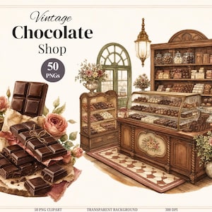 May include: A digital illustration set titled Vintage Chocolate Shop featuring 50 PNGs. The image displays a wooden shop counter with glass display cases filled with chocolates, shelves of jars, a hanging lamp, and piles of chocolate bars with roses.