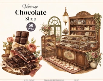 Vintage Chocolate Shop Clipart, 50 Watercolor Chocolate PNG, Truffle Bonbon Clipart, Chocolatier, Vintage Sweets Bundle, Commercial Use PNG