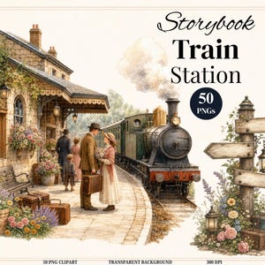 Könnte beinhalten: Ein digitales Illustrationsset mit dem Titel Storybook Train Station mit 50 PNG-Dateien. Das Bild zeigt einen Bahnhof aus Stein mit einer Dampflokomotive, Personen mit Vintage-Gepäck, Blumenarrangements und einen hölzernen Wegweiser.