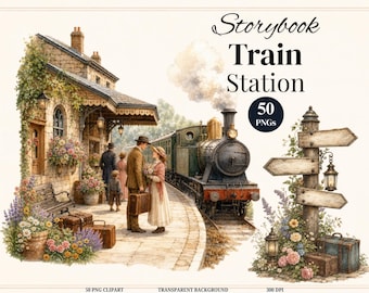 Vintage Train Station Clipart, 50 Watercolor Steam Train PNGs, Commercial Use PNG