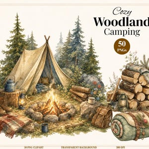 May include: A digital illustration set titled Cozy Woodland Camping featuring 50 PNGs. The scene depicts a canvas tent, a campfire, pine trees, a stack of firewood, a rolled sleeping bag, a backpack, hiking boots, and camping lanterns.