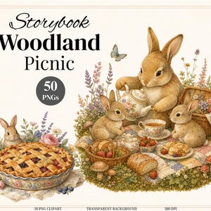 May include: Digital illustration titled Storybook Woodland Picnic featuring 50 PNGs. The image displays brown rabbits having a tea party on a checkered blanket with a fruit pie, bread, strawberries, and a wicker basket amidst flowers and mushrooms.