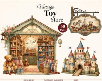 Vintage Toy Shop Clipart Bundle, 50 Watercolor Vintage Toys PNG, Teddy Bear, Wooden Toys, Nursery Digital Art, Commercial Use PNG