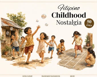 Filipino Childhood Nostalgia Clipart, 50 Vintage Pinoy Games, Jeepney, Sorbetes, Commercial Use PNG