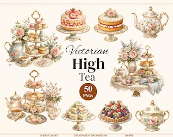Victorian High Tea Clipart Bundle, 50 Watercolor Tea Party PNG, Vintage Teacup Clipart, Floral Afternoon Tea, Commercial Use PNG