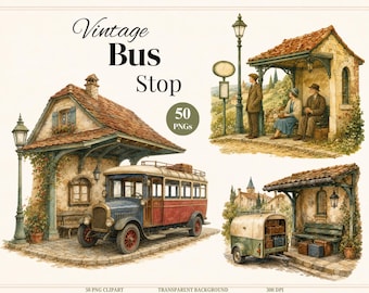 Vintage Bus Stop Clipart Bundle, Watercolor Bus PNG, Vintage Transportation Clipart, Countryside Bus, Commercial Use PNGs (50 Pieces)