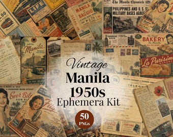 Vintage Manila 1950s Ephemera Kit, 50 Filipino Travel Collage Pack, Commercial Use PNG