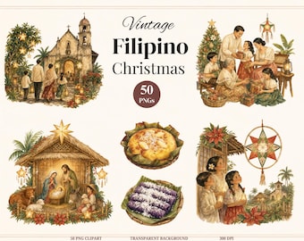 Vintage Filipino Christmas Clipart, 50 Paskong Pinoy PNG, Filipino Parol, Noche Buena, Simbang Gabi & Christmas Clipart, Commercial Use PNG