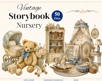 Vintage Nursery Clipart Bundle, 50 Hand-Painted Heirloom Toys, Woodland Baby PNGs, Commercial Use PNG
