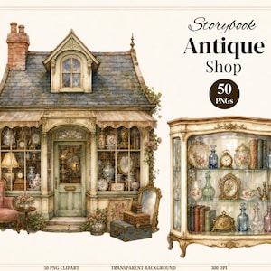 May include: A digital illustration of a shop with a blue roof, a green door, and a pink armchair, alongside a glass display cabinet filled with antique items. The text reads Storybook Antique Shop 50 PNGs. This collection features 50 PNG clipart files.