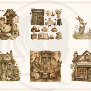 Woodland Storybook Lifestyle Clipart Bundle, Cottagecore Woodland Animals, Cozy Scenes (Digital Download) image 10