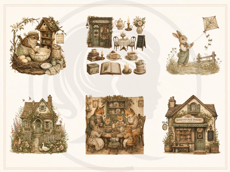 Woodland Storybook Lifestyle Clipart Bundle, Cottagecore Woodland Animals, Cozy Scenes (Digital Download) image 10