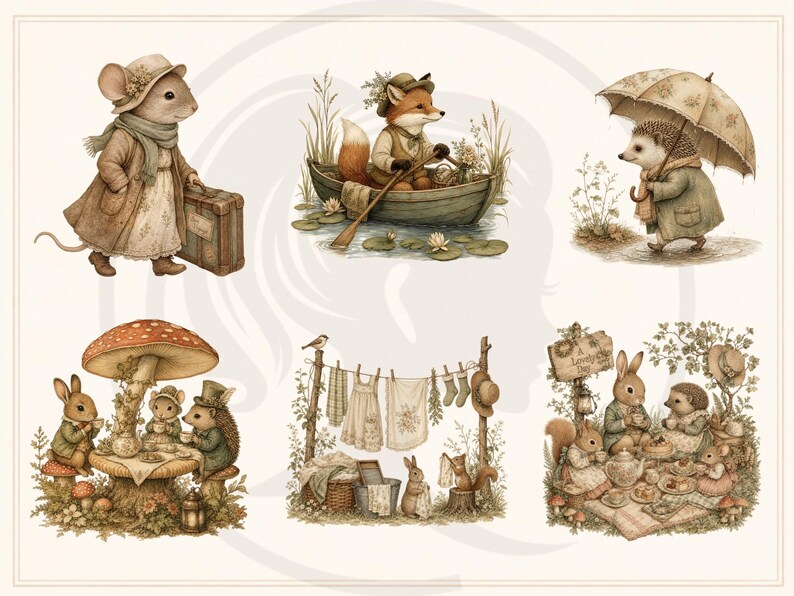 Woodland Storybook Lifestyle Clipart Bundle, Cottagecore Woodland Animals, Cozy Scenes (Digital Download) image 9