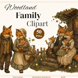 May include: Digital illustration set titled Woodland Family Clipart 50 PNGs featuring anthropomorphic foxes in vintage clothing. The images depict fox families with kits in baskets, carrying lanterns, and sitting on stone steps near a wooden door.