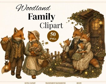 Woodland Family Clipart Bundle, Watercolor Animals, 50 Cozy Forest Scenes (Digital Download)