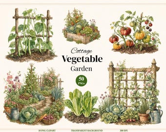 Cottagecore Vegetable Garden Clipart, 50 Watercolor Vegetable Garden PNG, Cottage Garden PNG, Gardening & Herb Clipart