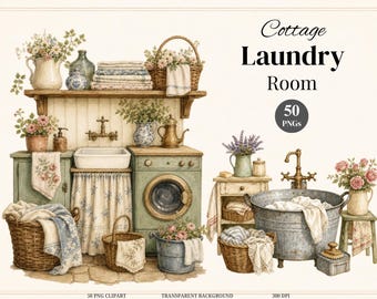 Vintage Cottage Laundry Room Clipart, 50 Watercolor Laundry PNG, Cottagecore Laundry Day, Baskets & Linens, Commercial Use PNG
