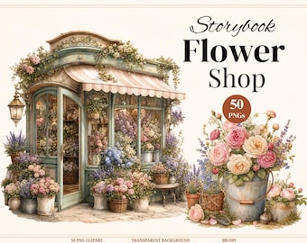 Vintage Flower Shop Clipart Bundle, Cottagecore Floral Market PNGs (Digital Download)