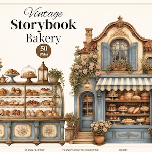 50 Vintage-Bäckerei-Cliparts im Bilderbuchstil, Aquarell-Bäckerei-Cliparts, Backen im Cottagecore-Stil, Brot & Gebäck (PNG)