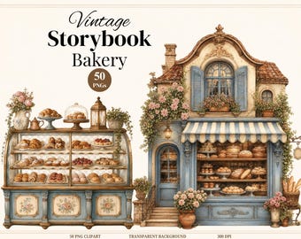50 Vintage Storybook Bakery Clipart Bundle, Watercolor Bakery Clipart, Cottagecore Baking, Bread & Pastry PNG