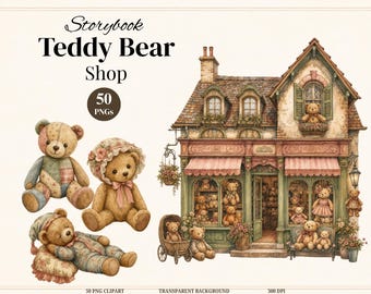 Vintage Teddy Bear Shop Clipart, Watercolor Teddy Bear PNG, Storybook Toy Shop Illustrations, Vintage Toy Clipart, Commercial Use (50 PNGs)