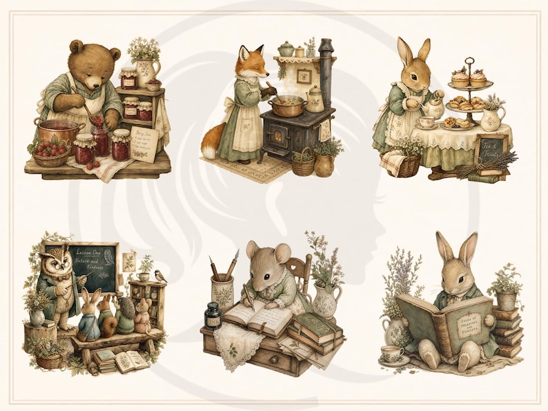 Woodland Storybook Lifestyle Clipart Bundle, Cottagecore Woodland Animals, Cozy Scenes (Digital Download) image 4
