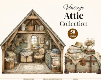 50 Storybook Attic Treasures Clipart Bundle, Watercolor Antique Heirloom PNG, Cottagecore Junk Journal Clipart (Digital Download)