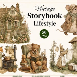 Woodland Storybook Lifestyle Clipart Bundle, Cottagecore Woodland Animals, Cozy Scenes (Digital Download) image 1
