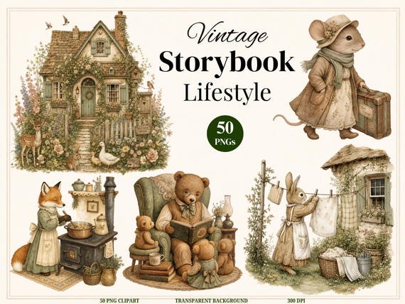 50 Vintage Storybook Clipart Bundle, Cottagecore Woodland Animals, Cozy Scenes (Digital Download)