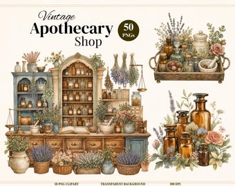Vintage Apothecary Clipart Bundle, 50 Cottagecore Herbalist PNG, Botanical Herbs, Apothecary Bottles, Commercial Use PNG