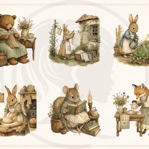 Woodland Storybook Lifestyle Clipart Bundle, Cottagecore Woodland Animals, Cozy Scenes (Digital Download) image 5