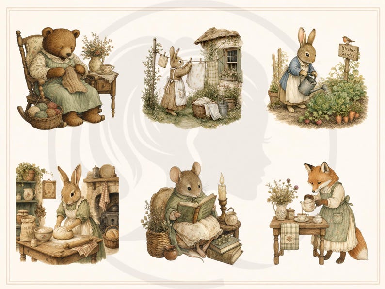 Woodland Storybook Lifestyle Clipart Bundle, Cottagecore Woodland Animals, Cozy Scenes (Digital Download) image 5