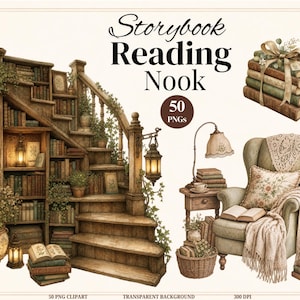 Vintage Reading Nook Clipart Bundle, 50 Cozy Cottagecore Library Scenes, Commercial Use PNG