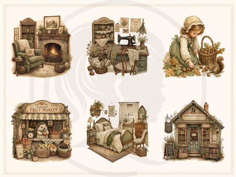 Woodland Storybook Lifestyle Clipart Bundle, Cottagecore Woodland Animals, Cozy Scenes (Digital Download) image 7