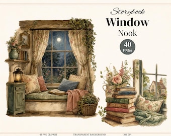Vintage Storybook Cottage Window Nook Clipart, Watercolor Reading Corner (40 PNGs)