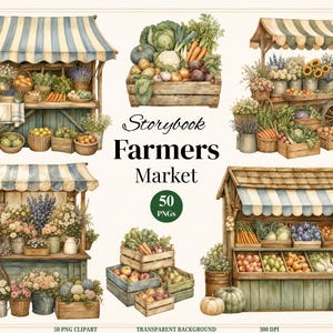 Könnte beinhalten: Eine Sammlung von Aquarellillustrationen mit vier verschiedenen Bauernmarktständen mit gestreiften Markisen, Holzkisten gefüllt mit frischem Gemüse wie Karotten, Kohl und Kartoffeln sowie verschiedenen Körben mit Blumen und Obst, mit dem Text Storybook Farmers Market 50 PNGs.