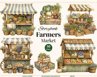 Vintage Farmers Market Clipart Bundle, 50 Watercolor Market Stall PNG, Farm Produce Clipart, Commercial Use PNG