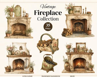 Vintage Fireplace Clipart Bundle, Watercolor Fireplace PNG, Cozy Cottage Fireplace, Vintage Hearth & Mantel Clipart, Commercial Use (35 PNG)