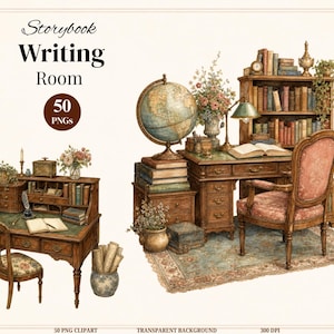 Könnte beinhalten: Eine digitale Sammlung von 50 PNG-Clipart-Bildern mit dem Titel Storybook Writing Room, die detaillierte Illustrationen von Holzschreibtischen, antiken Stühlen, Bücherregalen, Globen, Blumenarrangements und Schreibutensilien zeigt.