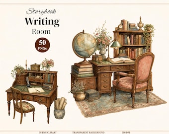 50 Vintage Storybook Writing Room Clipart, Watercolor Writer's Desk PNG, Vintage Study, Stationery, Books & Fountain Pen, Commercial Use PNG