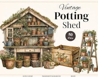 50 Vintage Storybook Potting Shed Clipart Bundle, Cottagecore Garden PNG, Watercolor Gardening Clipart, Botanical Greenhouse
