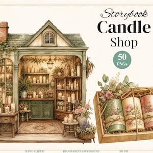 Puede incluir: Una ilustración digital de una tienda de velas con adornos verdes, hiedra y estantes interiores llenos de velas, junto a una caja de regalo de madera con tres velas de pilar con motivos florales. El texto dice Storybook Candle Shop 50 PNGs.
