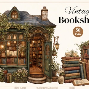 50 Vintage Storybook Buchshop Clipart Bundle, gemütliche Bibliothek, Storybook Szenen (digitaler Download)