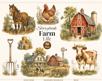 Vintage Farm Life Clipart Bundle, 50 Watercolor Farm Animal PNG, Rustic Farm Clipart, Barnyard, Farmhouse, Country Life, Commercial Use PNG