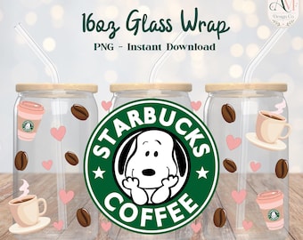 Emballage de verre de 16 oz inspiré de Snoopy PNG - TÉLÉCHARGEMENT NUMÉRIQUE